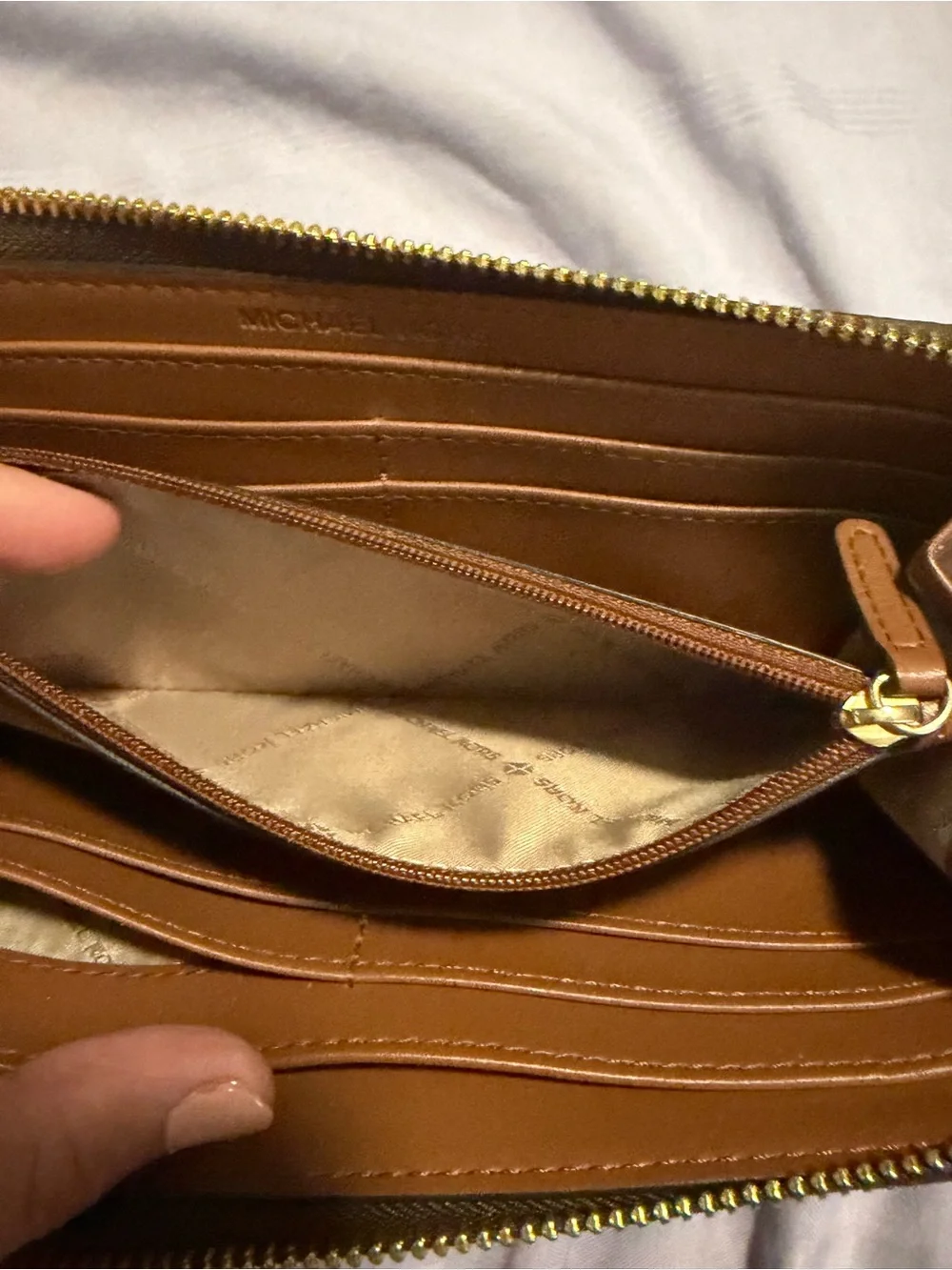 Michael Kors Brown Monogram Zip Wallet with Gold Logo